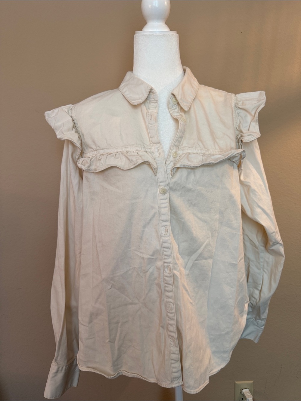 Free People Cream Ruffle Yoke Button-Down Shirt